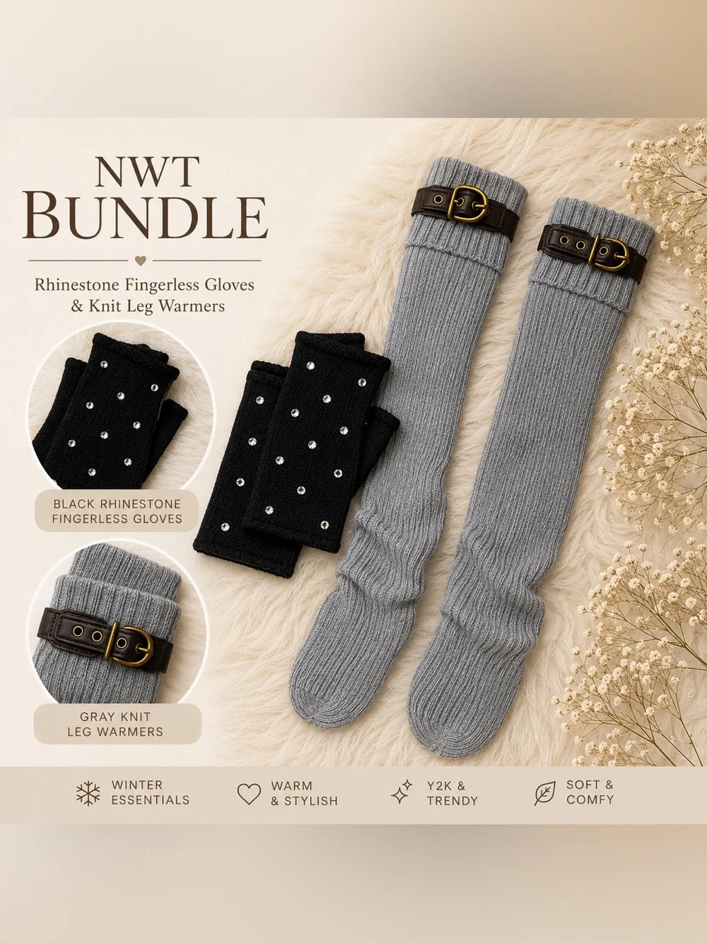 NWT Cozy Winter Set Bundle Rhinestone Fingerless Gloves & Knit Leg Warmers Y2K